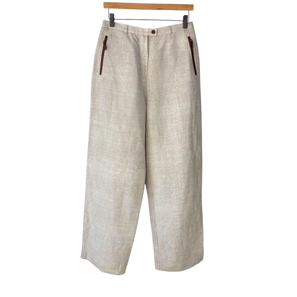Vintage 90s Cream High Rise Linen Wide Leg Pants 10 Tall